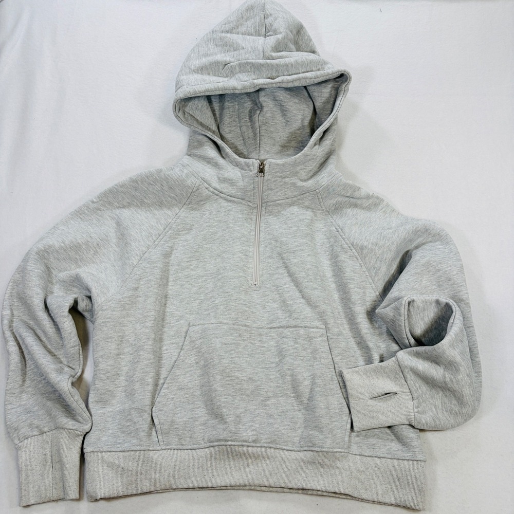 Michelle Mae Womens Large Heather Grey Half Zip Cropped Hoodie Thumbhole Cuffs